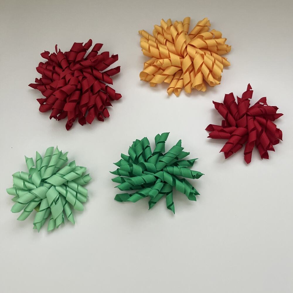 Lot Of 5 Ribbon Designed Hair Clips Red Green Yellow Light Green Holidays